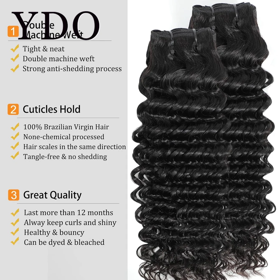 12A Extension per capelli brasiliani Deep Wave, ricci, vergini, a doppia trama, 3/4 pezzi, Remy Hair - immagine 2