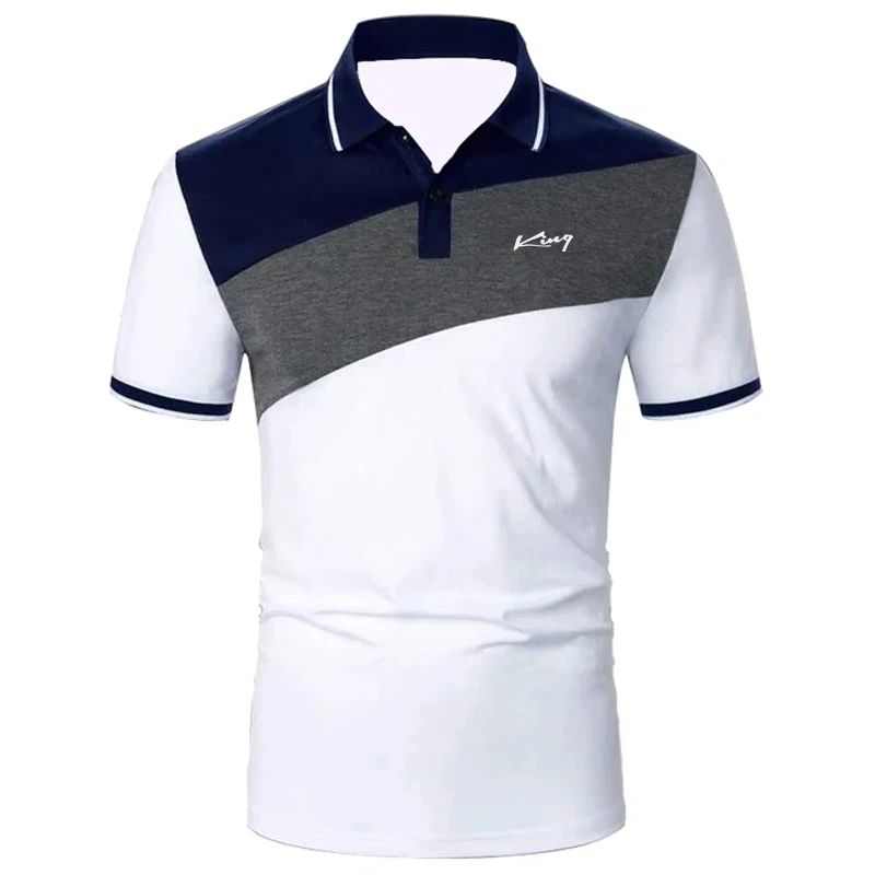 Man wearing a short sleeve color block polo shirt with button-up front, standing outdoors in bright sunlight with relaxed confidence white