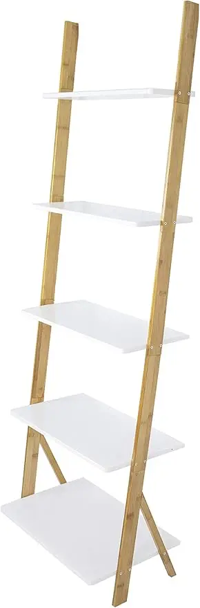 5-Tier Bamboo Ladder Shelf - Leaning Wall Design - Multi-Purpose Storage for Indoor/Outdoor - White Finish - Space-Saving Displa 3