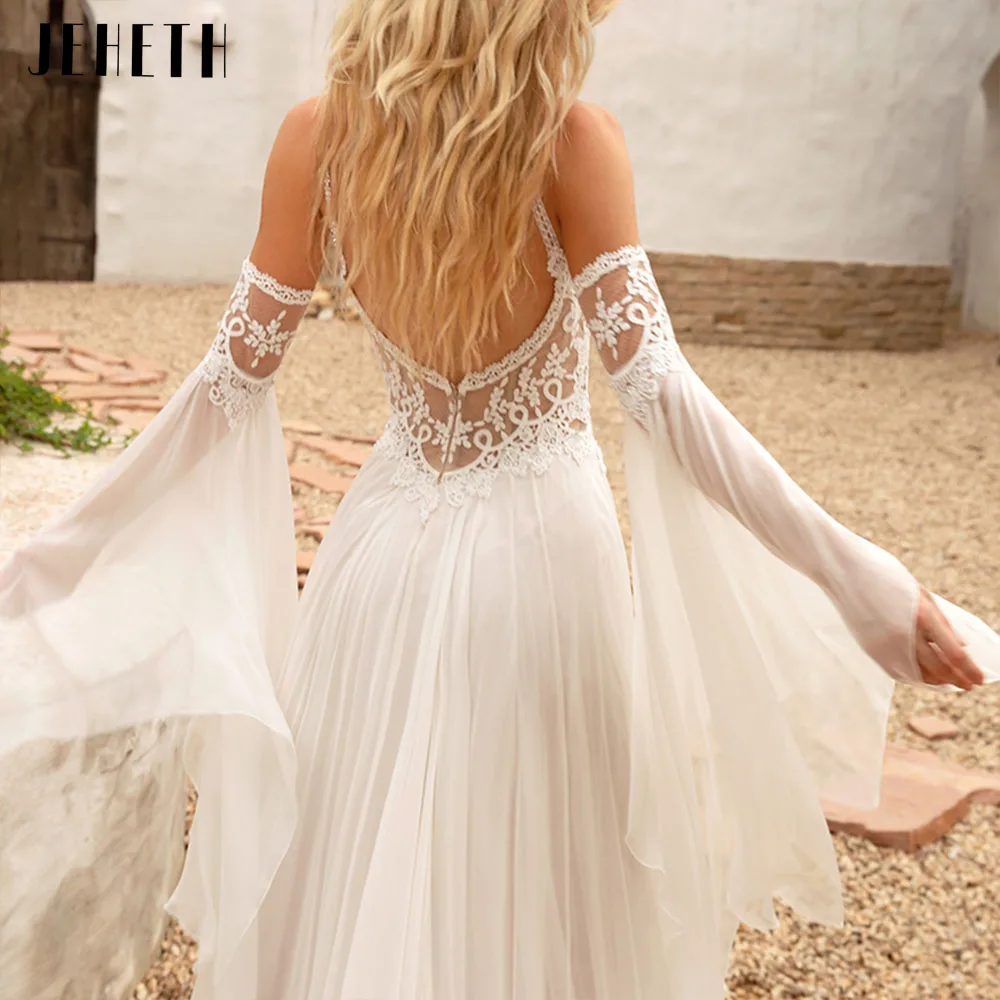 JEHETH Elegant Boho Wedding Dress Women Beach Appliques Vestido De Noiva Bridal Gown Chiffon Spaghetti Straps V-neck Open Back