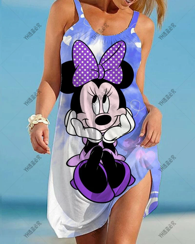 

Disney Minnie Mouse Dress 2023 Summer Women's Sexy O Neck Floral Print Bohemian Beach Dress Sleeveless Loose Mini Dress