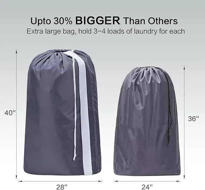 2-pack XL nylon laundry bags with straps. Holds up to 4 loads of clothes. Fits hampers or baskets. Durable grey design. 3