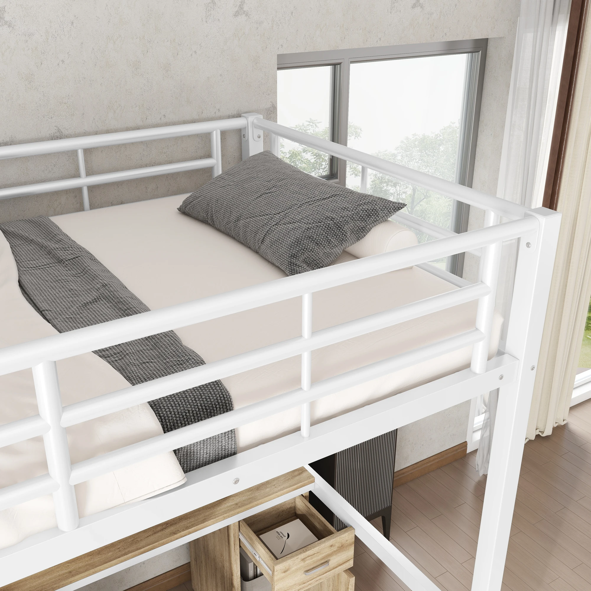 Letto A Soppalco Singolo 90x200 Cm Con Scrivania E Ripiani | Struttura In Pino Bianco Per Bambini - 4