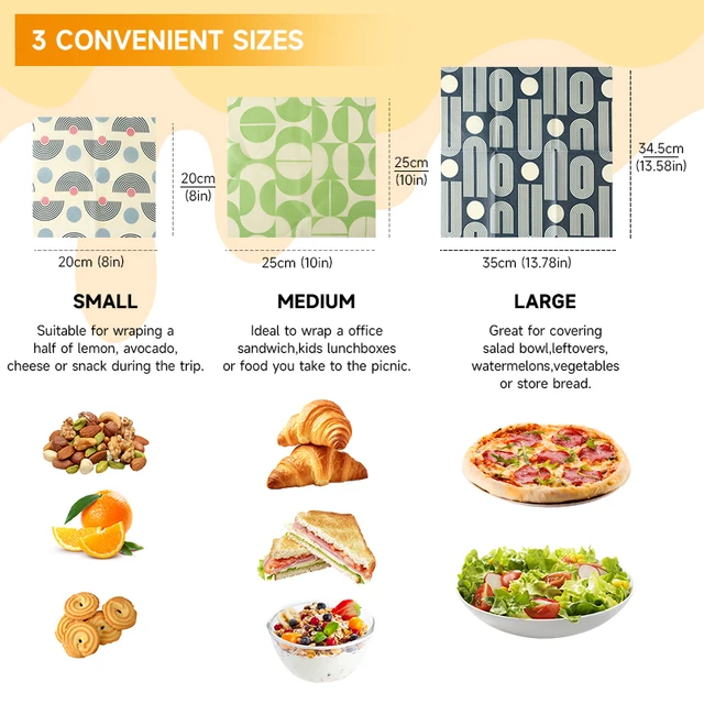 3 tailles (S, M, L) enveloppes de cire d'abeille organique emballage alimentaire frais durable, sac de boulanger Xl, papier de cire, emballage alimentaire réutilisable de cire d'abeille 6