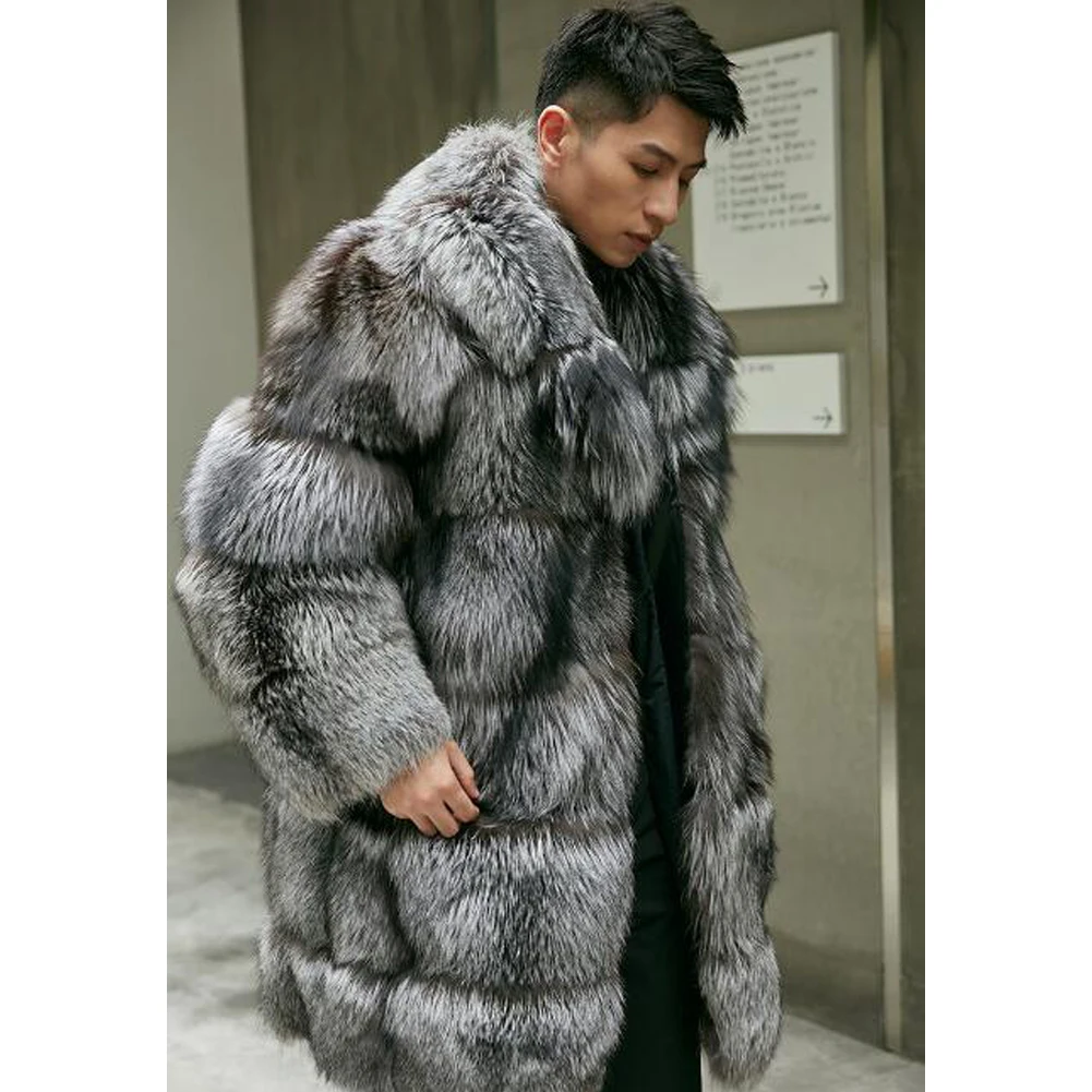 Denny&Dora Fashion Luxury Natural Fur Coats Men Silver Fox Fur