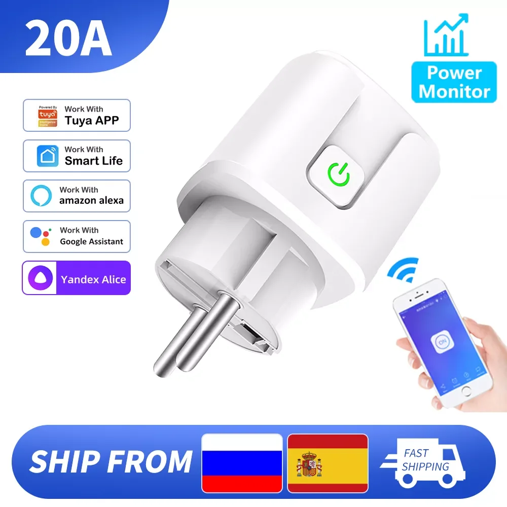 Tuya 20A Wifi EU Smart Plug Smart Life Power Mornitor Energy-saving Timer Socket Automation Work with Alexa Google Home Alice smart plug