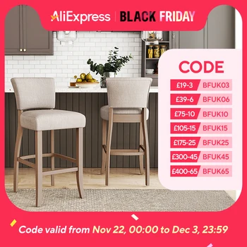 Set of 2 Height Linen Bar Stool for Kitchen, Beige