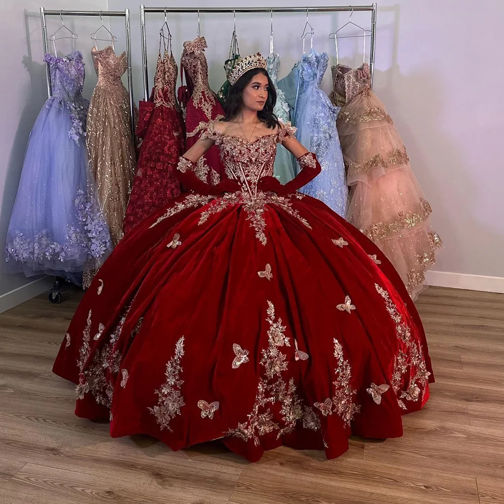 

Velvet Princess Quinceanera Dress 2023 Long Puffy Skirt Ball Gown Prom Party Off Shoulder Sweet 15 16 Years Girl Birthday MISS