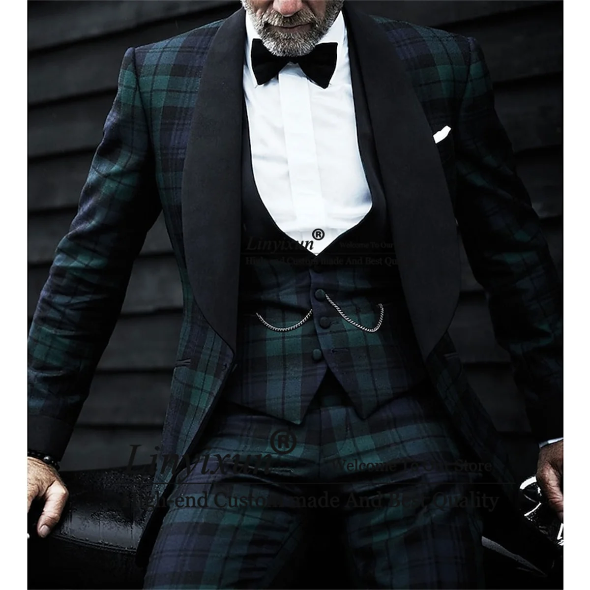 

Green Plaid Checkered Men Suits 3 Pieces Sets Groom Wedding Tuxedos Peaked Lapel Male Dinner Prom Party Blazers Costume Homme