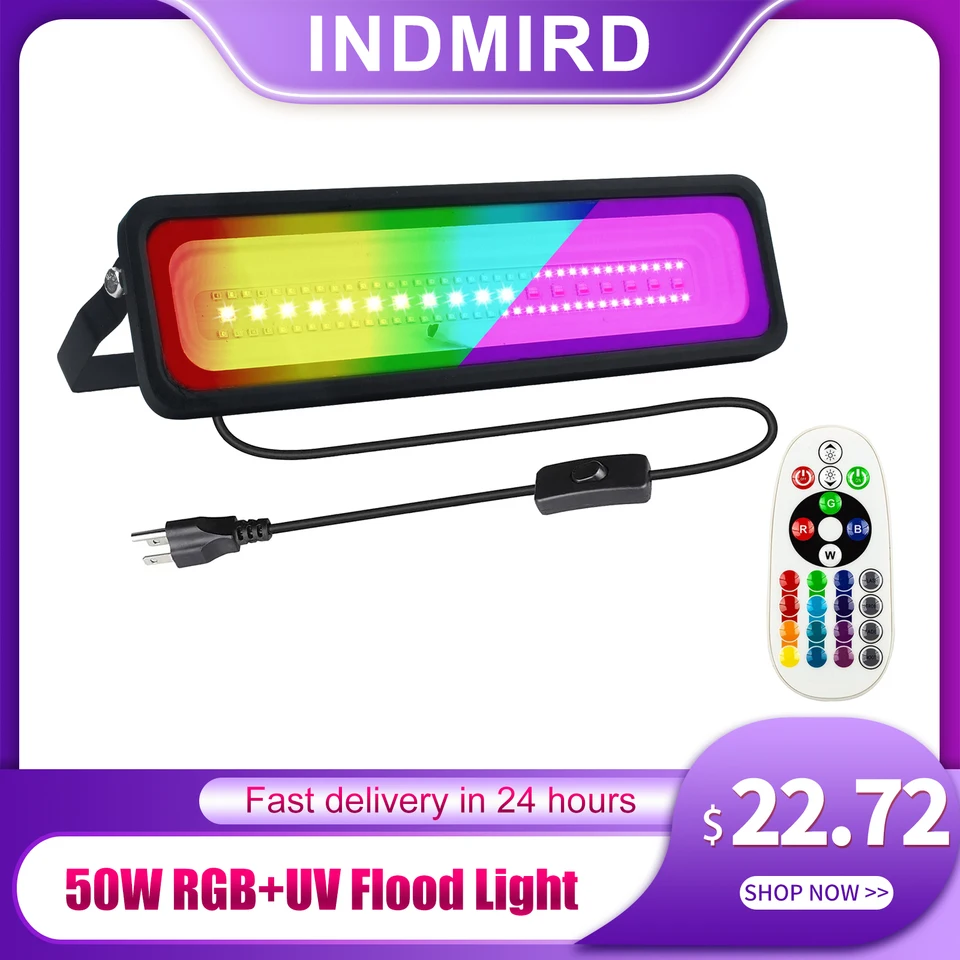 Indmird RGB UV Strahler 50W LED Schwarzlichtlampe mit Fernbedienung 12 Farben Uv Schwarzlicht IP66 Wasserdicht Led strahler Partylicht Blacklight für Neonfarbe, Party, Bühnen, Garten, Halloween