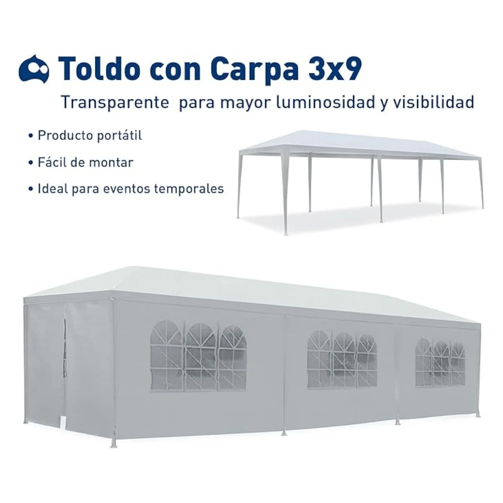 Toldo con Carpa 3x9 Metros, Toldo, Paredes con Ventanas Laterales, Impermeable, Gran Capacidad para Personas. (3 * 9 Metros). Bluelander