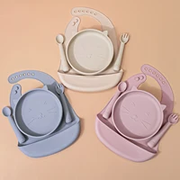 4PC/Set Baby Feeding Set Silicone Shallow Tray Baby Silicone Tableware Toddler Eating Utensil With Suction Cup Silicone Baby Bib 1