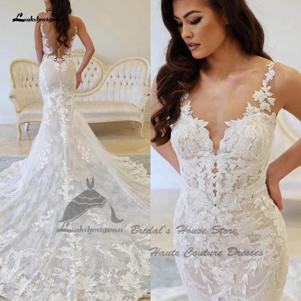 

Lakshmigown скромные Женские кружевные свадебные платья-русалки с длинным шлейфом 2024 блестящие женские платья с V-образным вырезом и открытой спиной