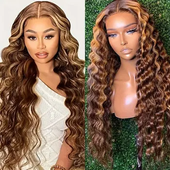 Loose Deep Wave Glueless Wig Highlight Brown Colored Human Hair Ready To Wear 13*4 Lace Frontal Curly Wigs Pre plucked Hairline