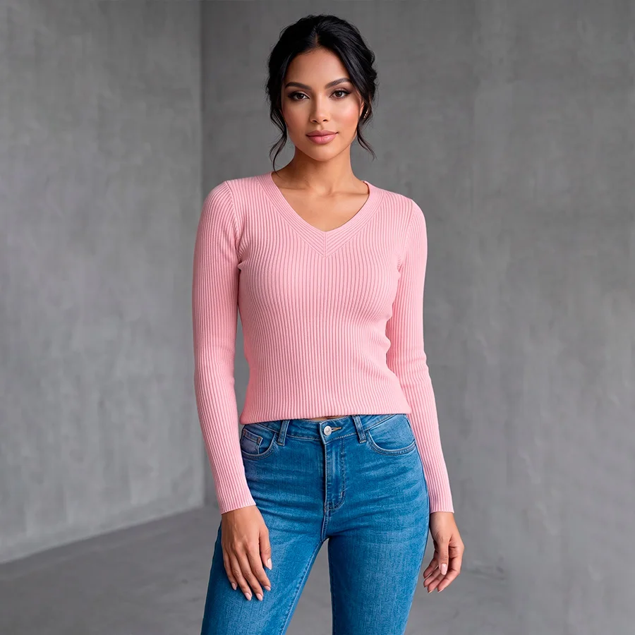 Blusa De Dama Tejido De Punto Canalé Cuello En V Manga Larga