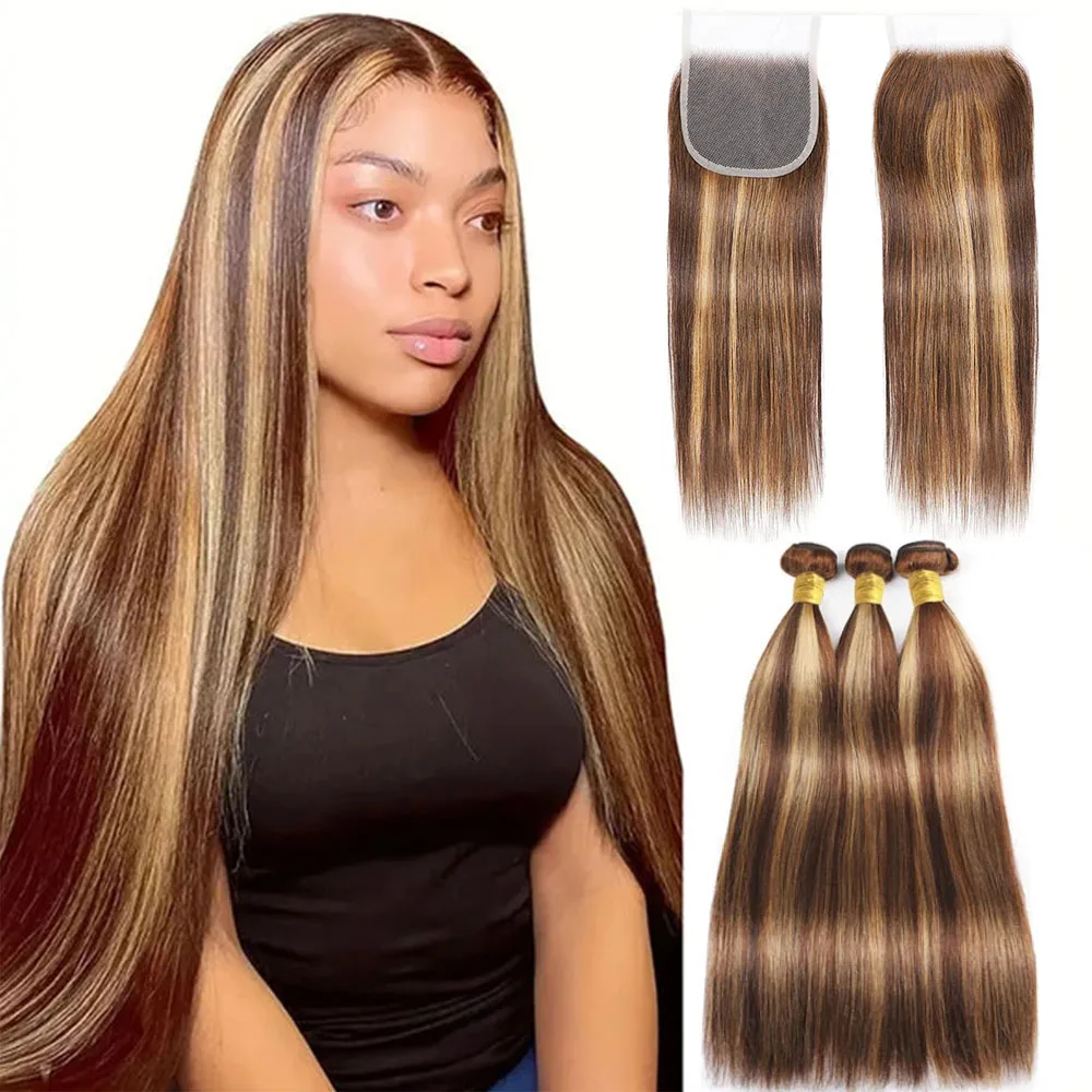 Highlight Straight Brown Human Hair Bundles with Closure Honey