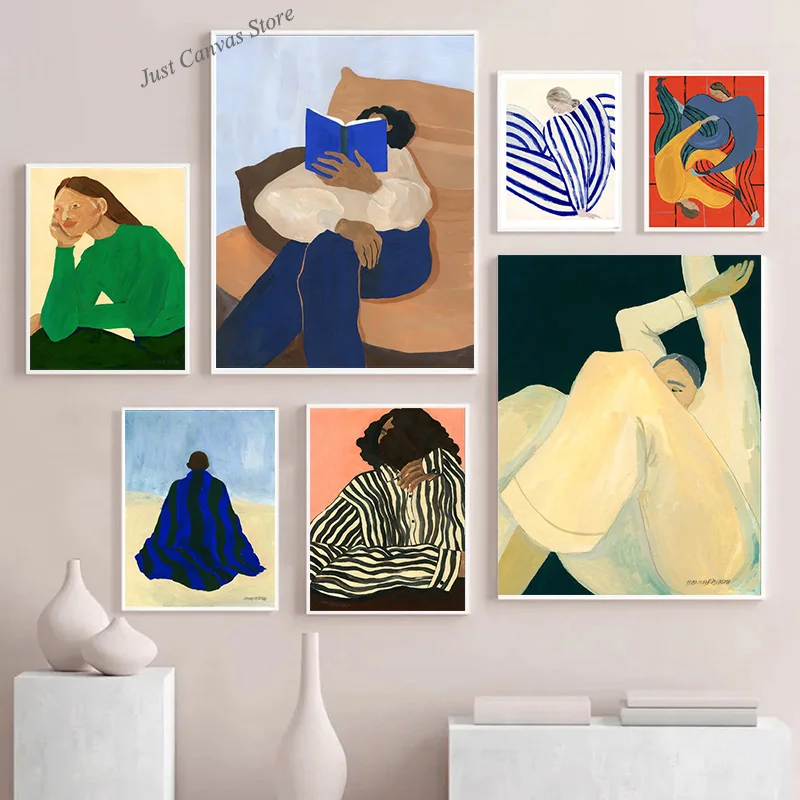 북유럽 포스터 인쇄 벽 아트 캔버스 페인팅 블루 스트립 벽 그림, 추상 그림 라인, 소녀 독서 책, 홈 룸 장식