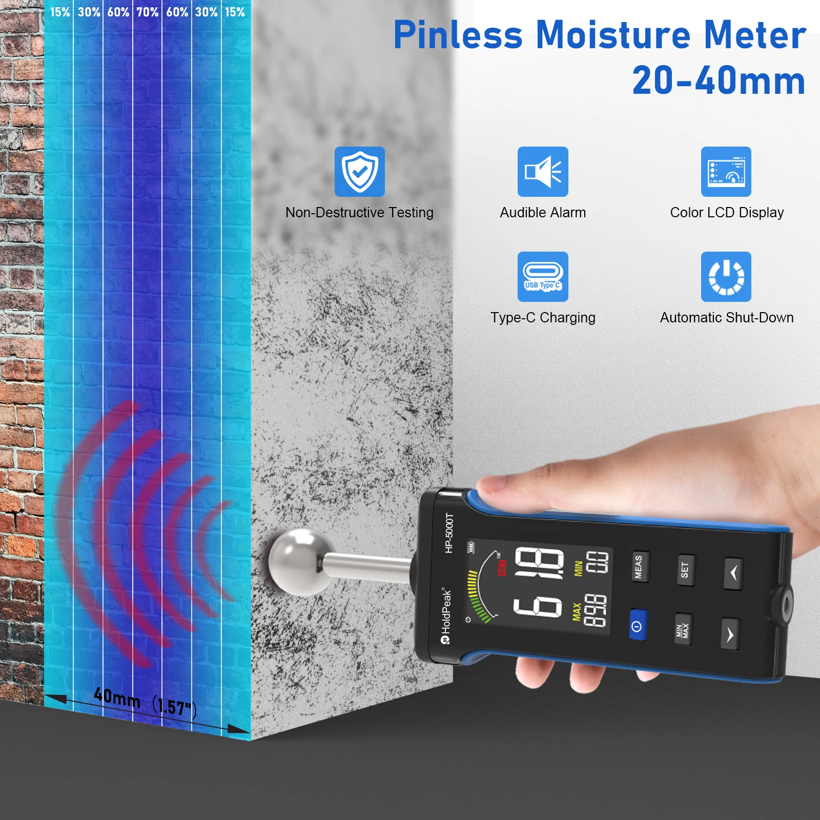 Non-Contact Wood Moisture Meter Pinless 20-40mm Depth HD Digital Display for Timber Walls Masonry & Building Materials wood moisture meter