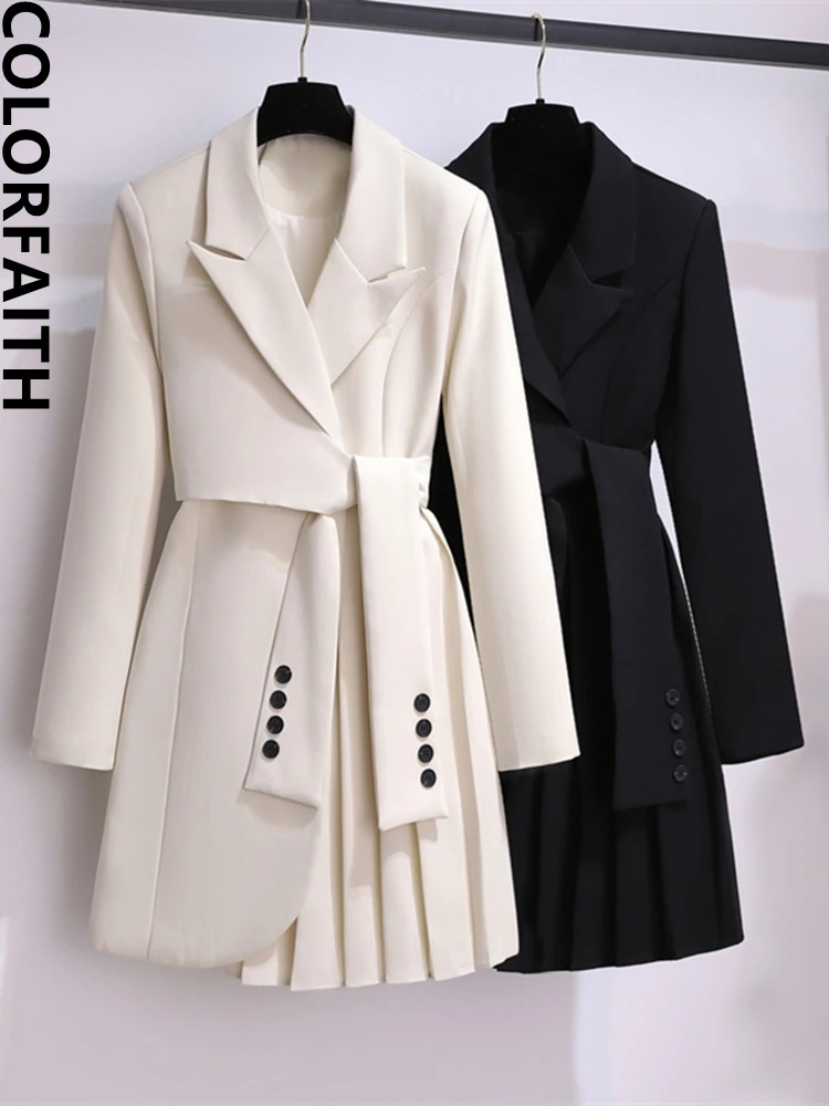 

Colorfaith New 2022 Vintage High Waist Korean Fashion Pleated Irregular Office Lady Chic Women Autumn Winter Mini Dresses DR9159