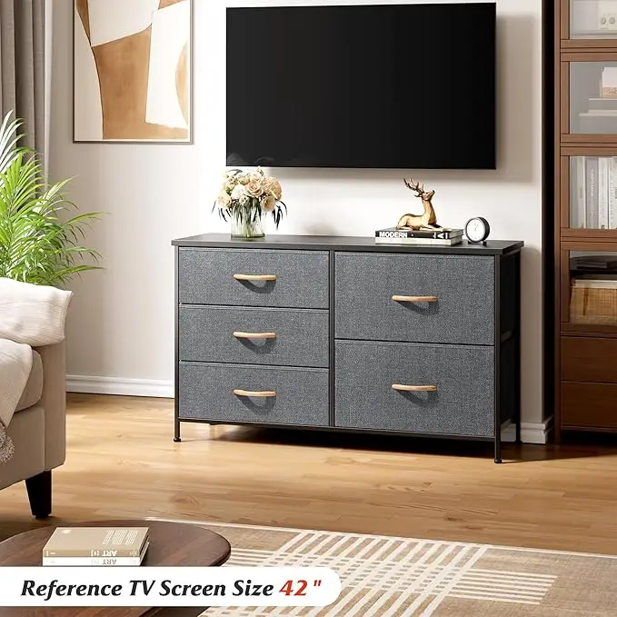 5-Drawer Dresser for Bedroom, Wide Chest of Drawers with Wood Board and Fabric Drawers, Ideal for Closet, Clothes, Kids, Nursery 2