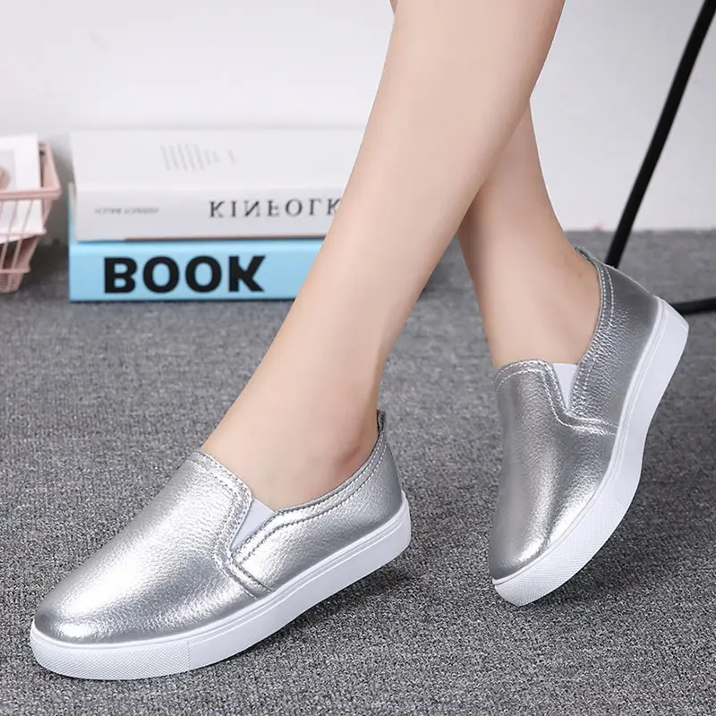 Spring Summer Silver Flats Hollow Out Women's White Loafer Split Leather Boat Shoes Comfy Ladies Best Flats For Standing All Day