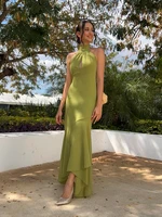 Elegant Green Chiffon Halter Long Dress Women Sleeveless Hollow Backless Ruffle Maxi Dress 2026 Summer Beach Evening Party Gowns