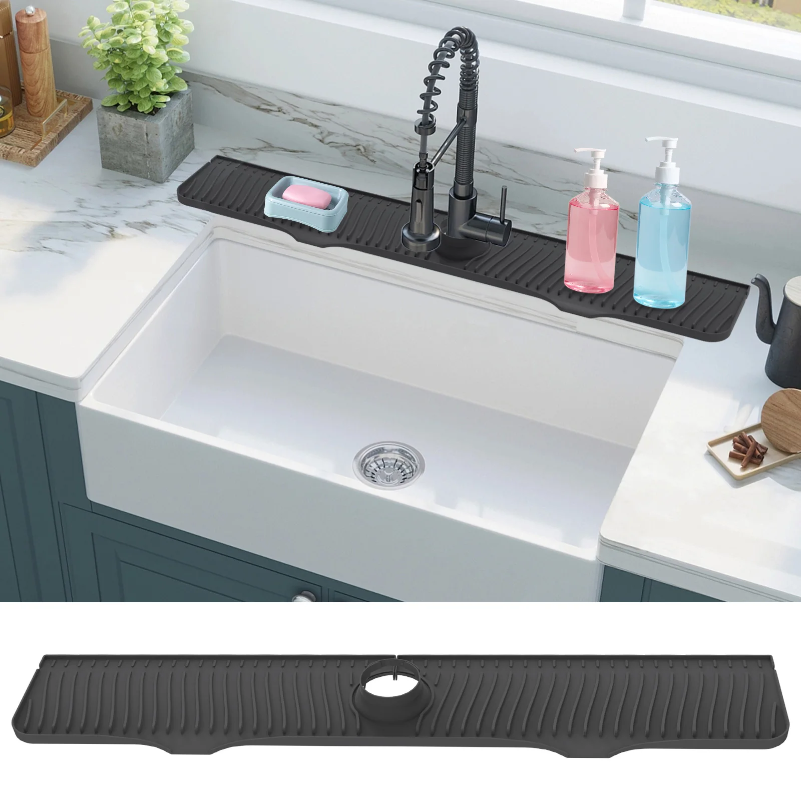 

82cm Silicone Sink Faucet for Kitchen Bathroom Bar Kitchen Sink Splash Guard 32 in Super Absorbent Rubber Drying Pad Black/Grey
