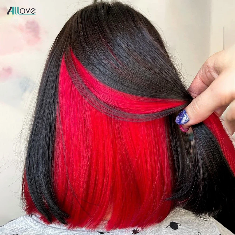 

Allove Red Peekaboo Wig 13x4 Straight Lace Front Wig Glueless Ombre Highlight Short Blunt Cut Bob Wig For Women Preplucked