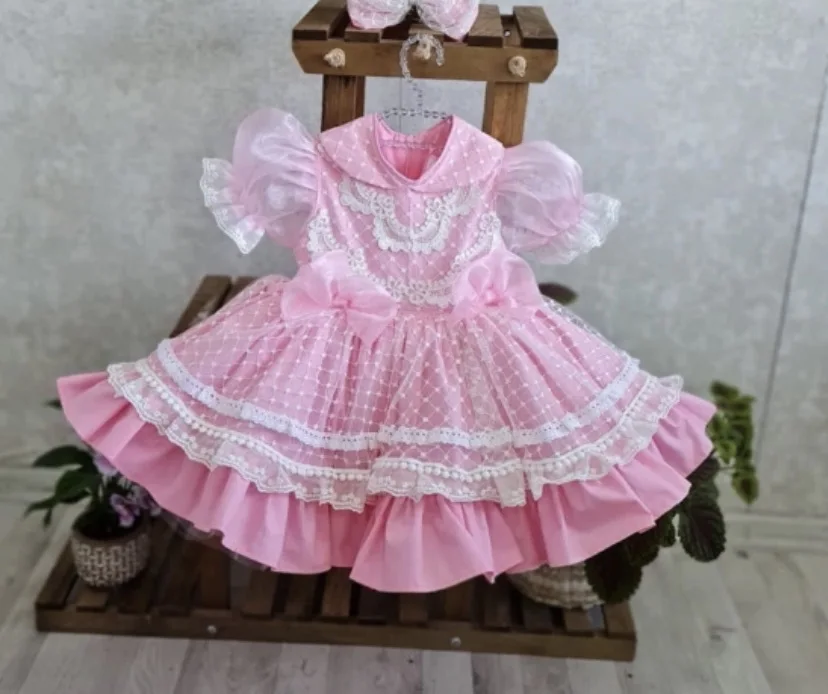 Baby Girl Puff Sleeve Bow and Lace Detail Party Dress - Pink main image 0