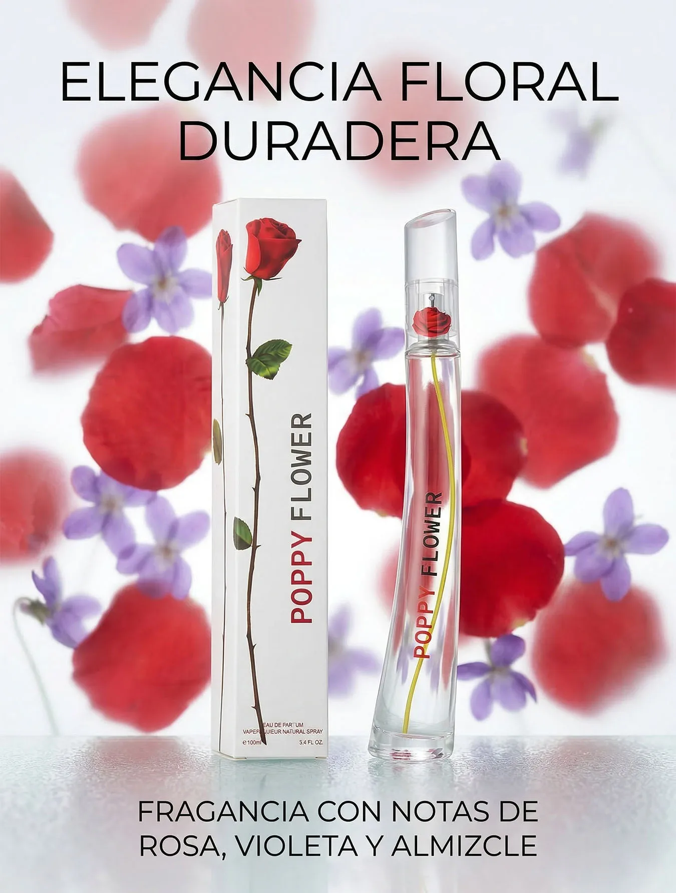Perfume Poppy Flower EBC Collection Mujer 100ml y 30ml EDP Fragancia Floral Oriental con Notas de Rosa y Violeta Aroma Acabado Polvo de Talco Elegante y Duradero Ideal para Oficina y Citas Tamaño Práctico de Bolso