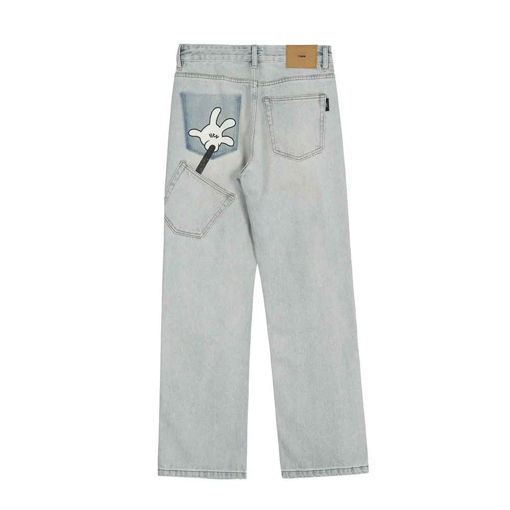 

Light Blue Casual Straight Pants Men Cartoon Palm Printing Jeans Vintage Hip Hop Y2k Streetwear Loose Long Denim Trousers