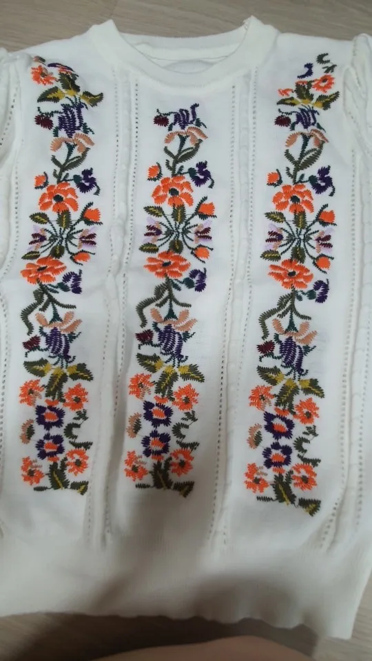 Vogue Embroidered Short Sleeve Puff Sleeve Acrylic Pullover photo review