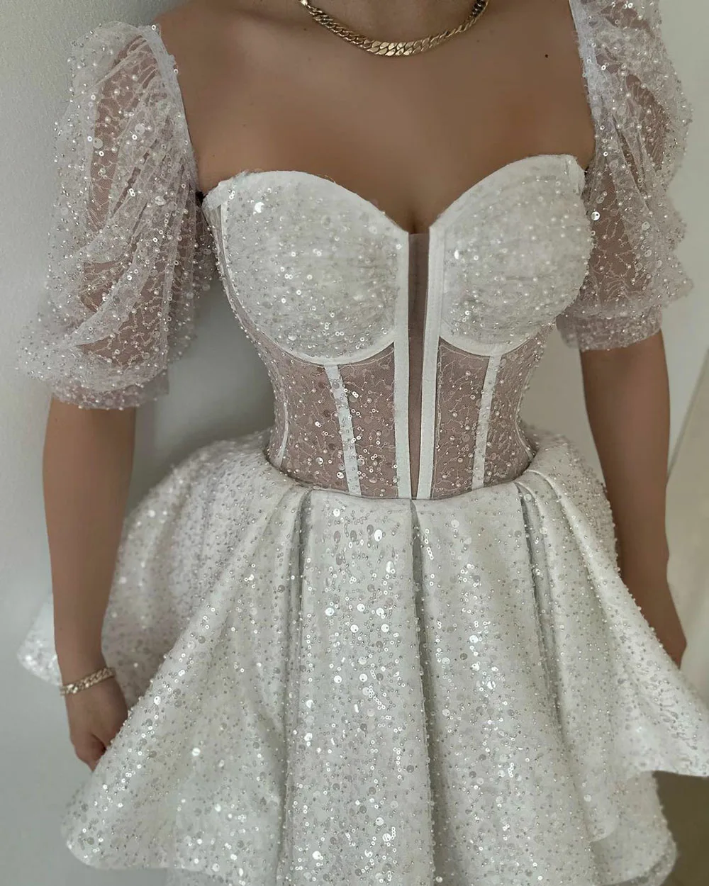 SoDoigne Shiny A Line Mini Wedding Dresses Sweetheart Short Sleeves Boning Corset Evening Party Dresses Bride Dress for Women 2