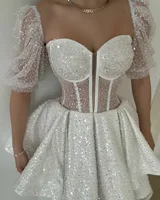 SoDoigne Shiny A Line Mini Wedding Dresses Sweetheart Short Sleeves Boning Corset Evening Party Dresses Bride Dress for Women 2