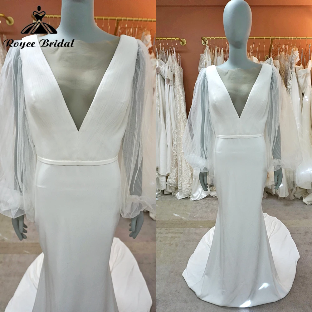 simple-sexy-v-neck-full-puff-sleeve-open-back-belt-satin-mermaid