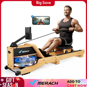 MERACH Water Rowing Machines for Home Oak Wood Rower with 12 Enhanced Resistance Blades Upgraded Handle Adjustable Footpad & App 1