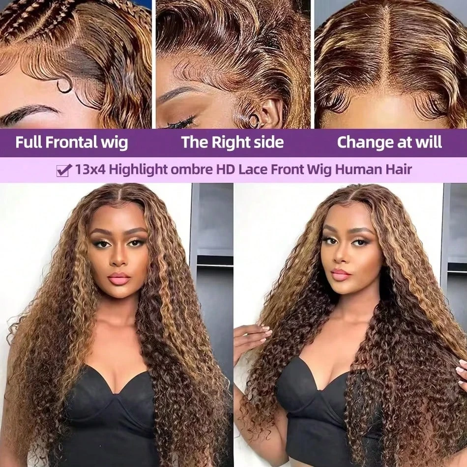 highlight 13x6 HD lace frontal wig human hair Curly Wig HD Deep Wave Lace Frontal Wig 4/27 Colored Wigs PrePlucked Quality 4