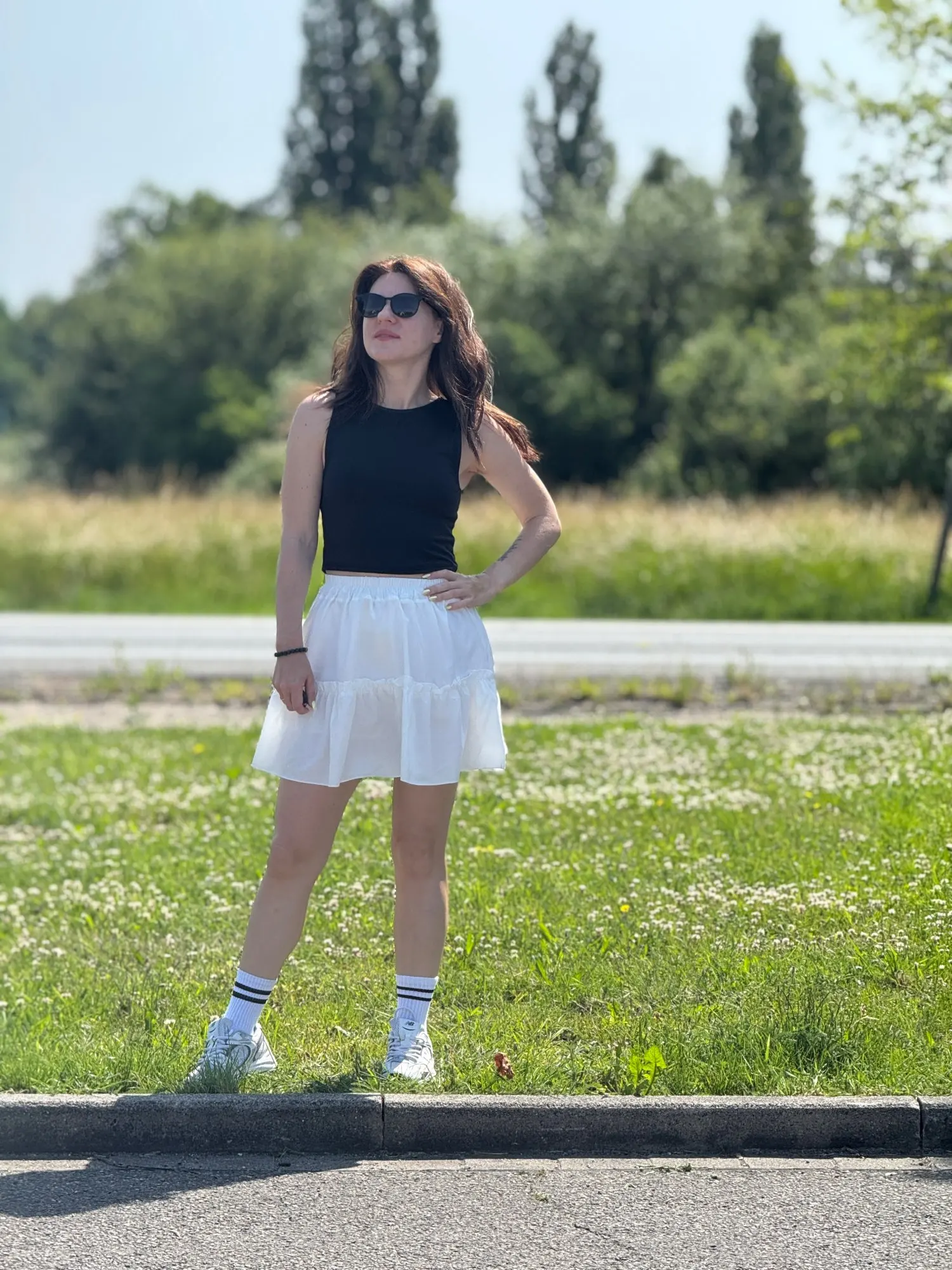 Elegant White A-Line Mini Skirt - Elastic Waist & Mushroom Trim photo review