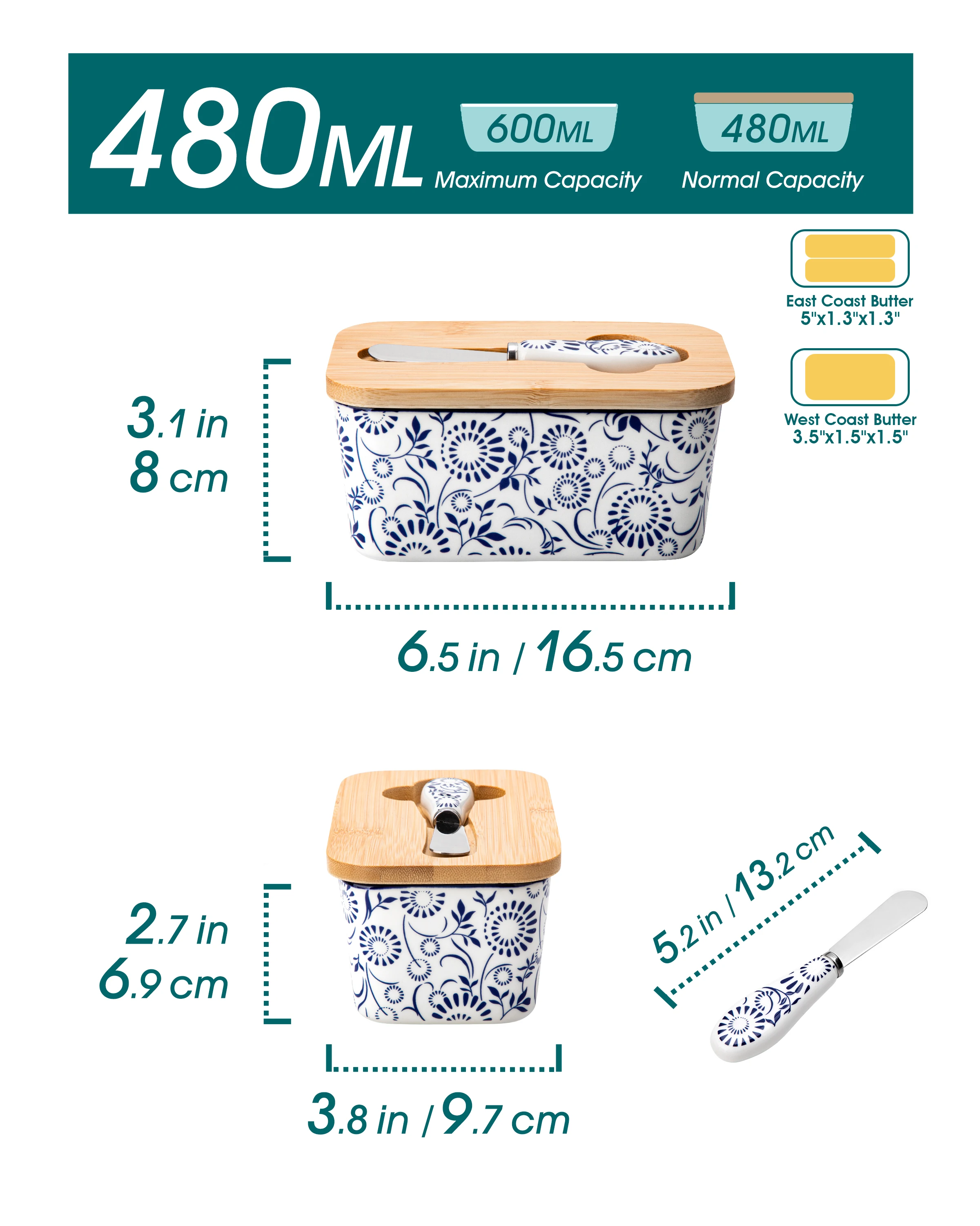 Vancasso 1 Stück Keramik-Butterdose Blau und Weiß Hochwertige Butterglocke mit Messer und Holzdeckel für Ofen und Gefrierschrank Geeignet – Detail 2
