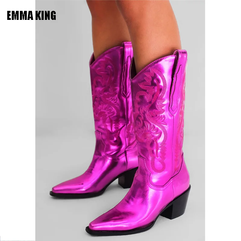 

2022 Cowboy Pink Cowgirl Boots For Women Fashion Zip Embroidered Pointed Toe Chunky Heel Mid Calf Western Boots Shinny Shoes