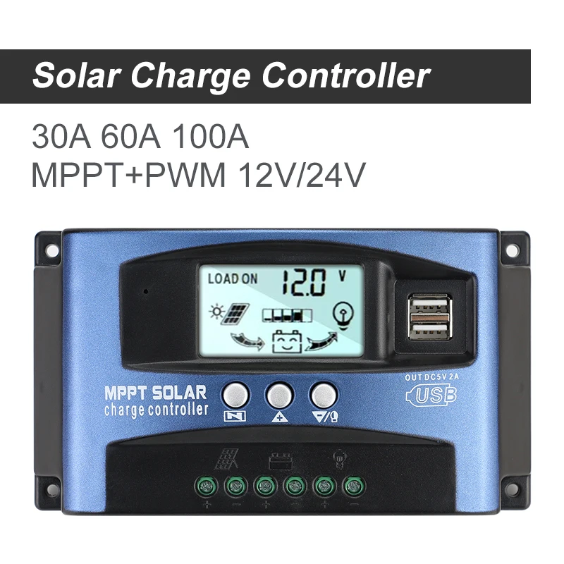 Solar Charge Controller,Car MPPT 40/50/60/100A Solar Charge Controller Dual USB LCD Display 12V 24V Solar Panel Battery Intelligent Regulator 60A Auto Paremeter Adjustable LCD Display 