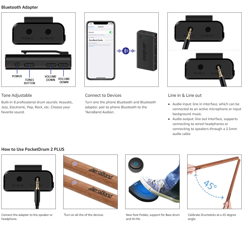 AeroBand PocketDrum 2 Plus Electric Air Drum Set Drumsticks, Pedals,  Bluetooth, USB MIDI Function, for Adults, Kids, Professionals, Gift 