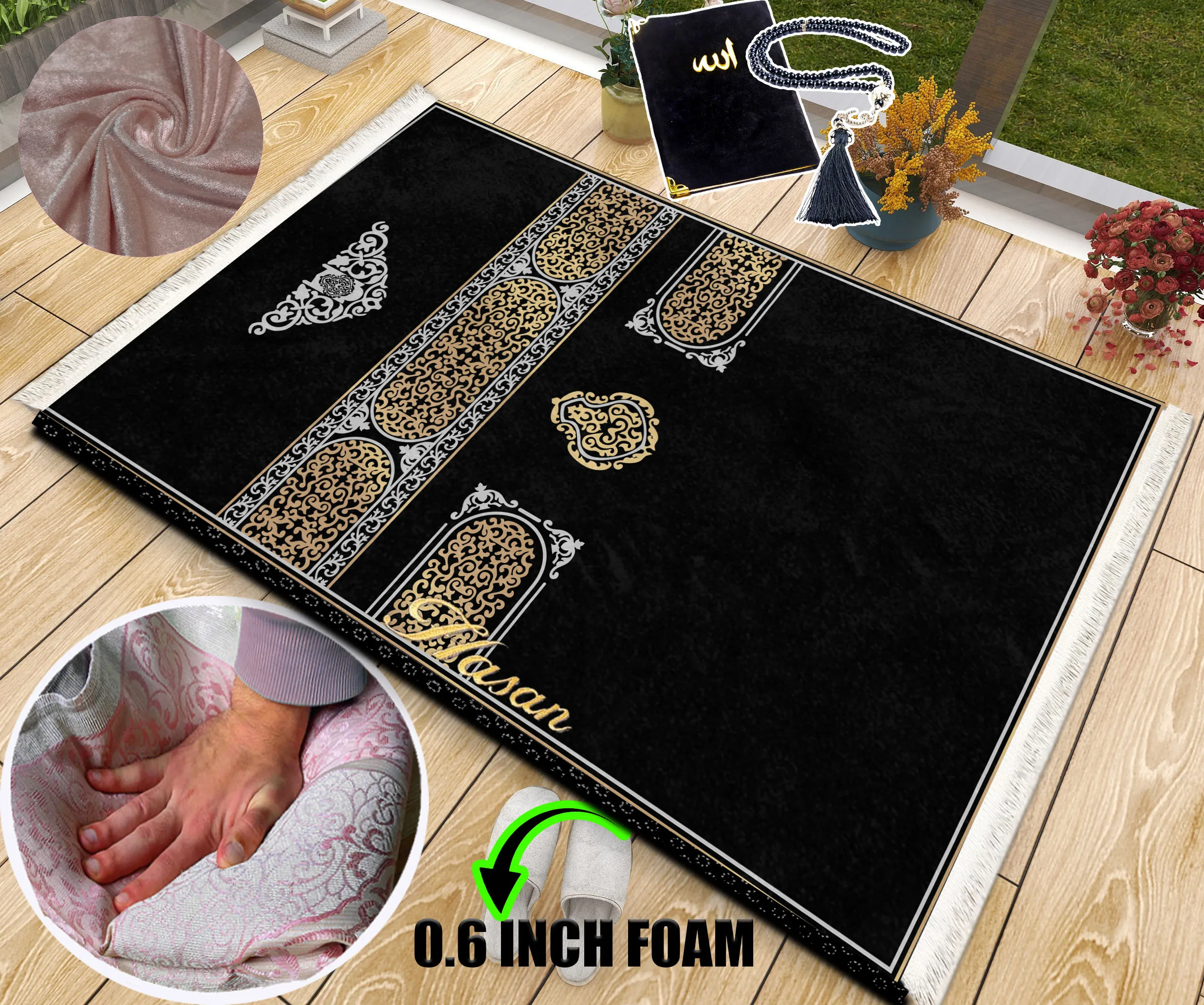 

Очень толстый мягкий бархатный турецкий молитвенный коврик Kaaba черного и золотого цвета с роскошным Yaseen, Мягкий Молитвенный коврик, коврик с жемчугом Tasbeeh