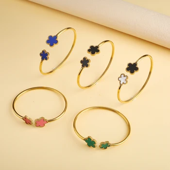 Classic luxury hot sale five-leaf flower stainless steel open bangle Lucky grass bangle Girl Girl anniversary wedding jewelry Cl 1