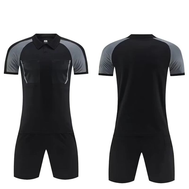 Referee Soccer Jersey Set 24/25 Professional Men's Football Turn-down Collar Full Pockets Short Sleeve Futsal Jersey For Judge