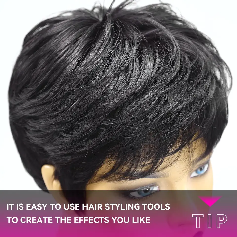 Parrucca Per Capelli Umani Con Taglio Pixie A Strati Ondulati - Foto 9