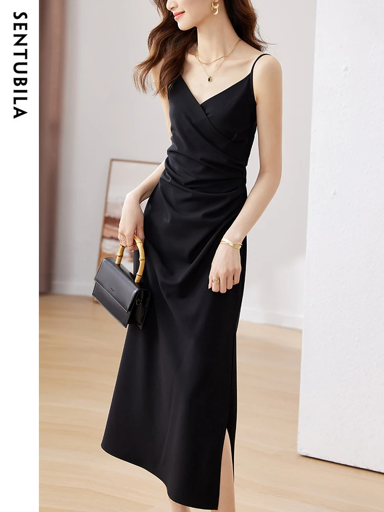 

Sentubila Sexy Black Dresses for Women 2023 Summer Elegant Ruched Spaghetti Strap Slit Party Evening V Neck Midi Dress 132L48917