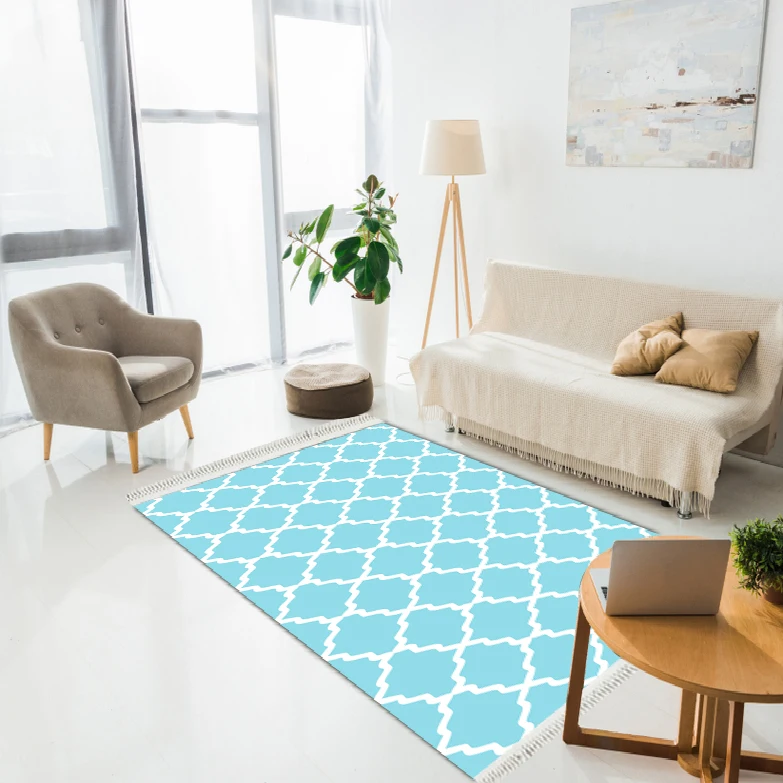 

Zigzag White Lattice Pattern Carpet, Blue and White Area Rug, Geometric Decorative Floor Carpet, Living Room Decor, Non-Slip Ca
