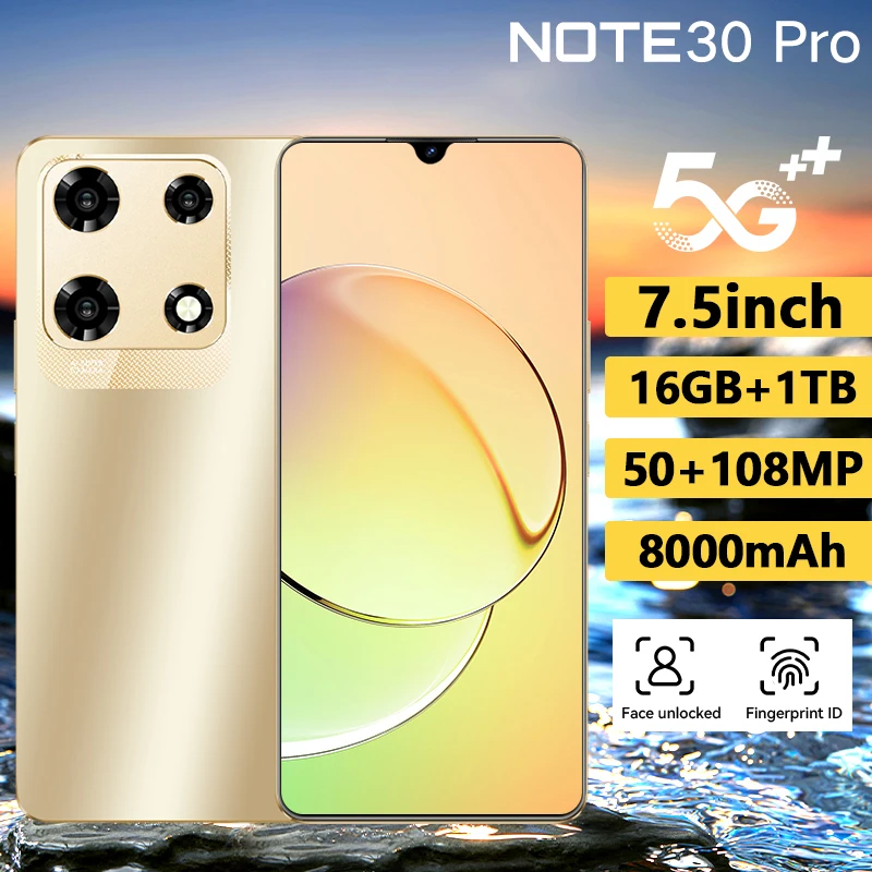 듀얼 심 셀룰러 안드로이드 휴대폰, 노트 30 프로, 7.5 인치 스크린 스마트폰,  16G + 1T, 5G, 108MP, 8000mAh, 신제품