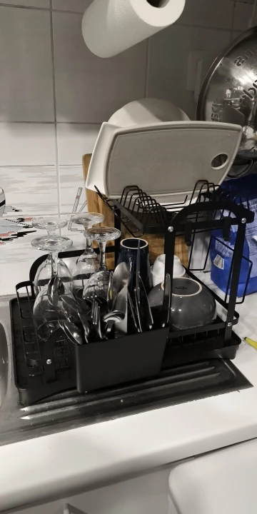 New 360° rotating storage rack double-layer kitchen tableware drying rack with drain tableware storage rack for tableware photo review